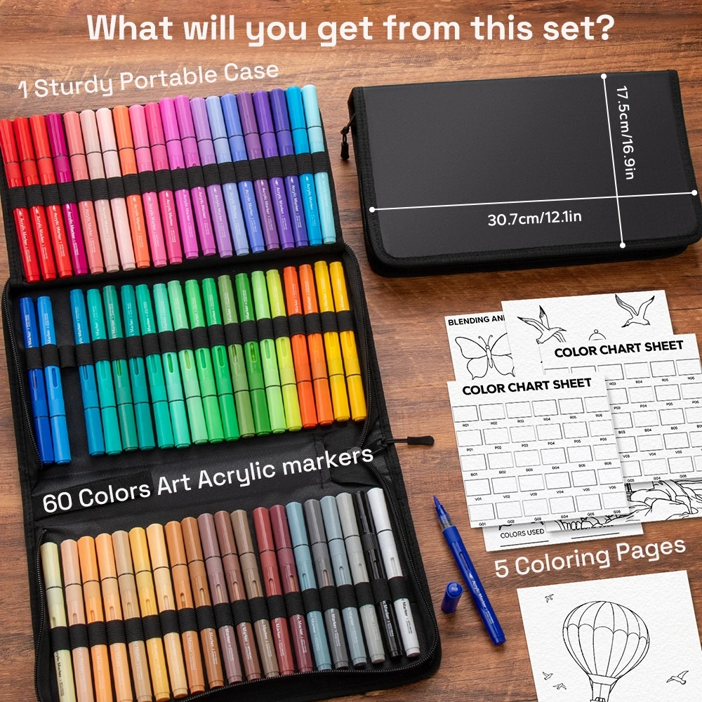 

60 Colors Art Acrylic Paint Markers with Protable Case for Adult Coloring ,Brush Tip Paint Pens Set for DIY Crafts Art Supplies
