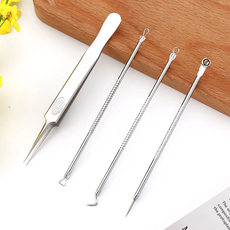 4Pcs/set Stainless Steel Acne Needles Blackhead Remover Tweezer Acne Pimple Ingrown Clip Beauty Salon Face Skin Care Tool