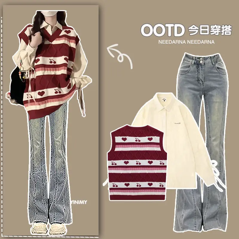 Outono e inverno três peças estilo doce cardigan moda feminina usar japonês pequeno fresco conjunto feminino