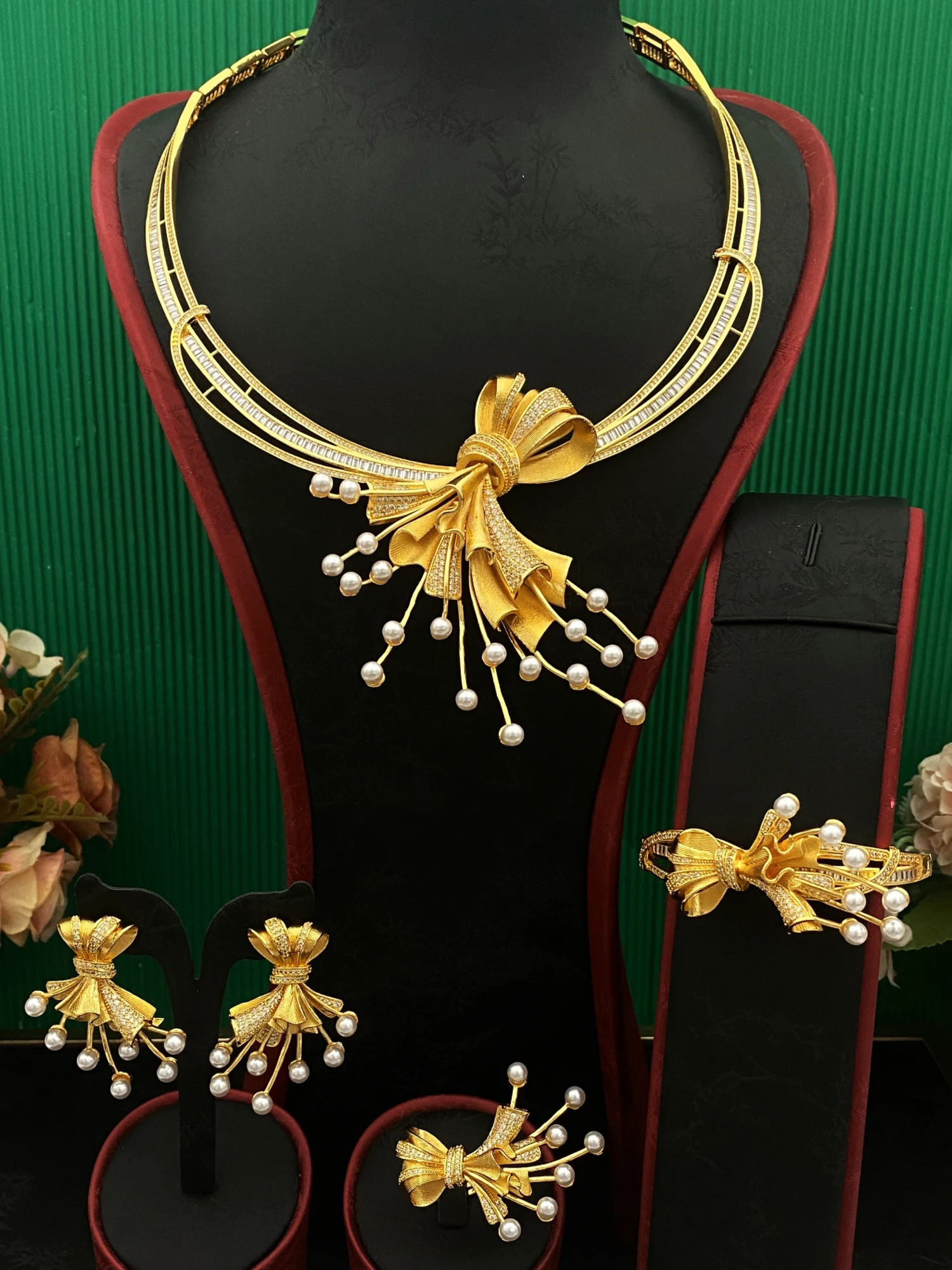 

JRH позолоченный медный жемчуг и циркон, имитация ювелирного набора, Kenya Wedding, женские серьги, ожерелье, кольцо, браслет, аксессуары