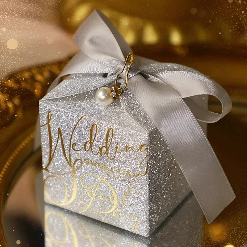 New 10pcs/Lot Wedding Candy Box With Pearl Ribbon Bow High-End Gift Chocolate Box High Quality Glitter Powder Shell Gift Boxs image 4
