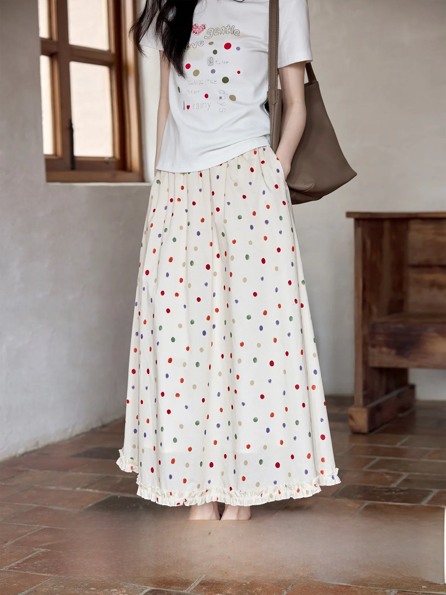 

Elegant Long Dalmatian Dot A-Line Midi Skirt Korean Style Summer New Arrival Women's High Waist Cotton Casual Skirt