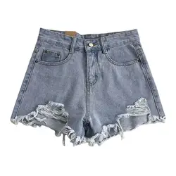 2024 Summer Women Denim Shorts High Waist A-lineRipped Button Zipper Retro Pockets Slim Short Pants