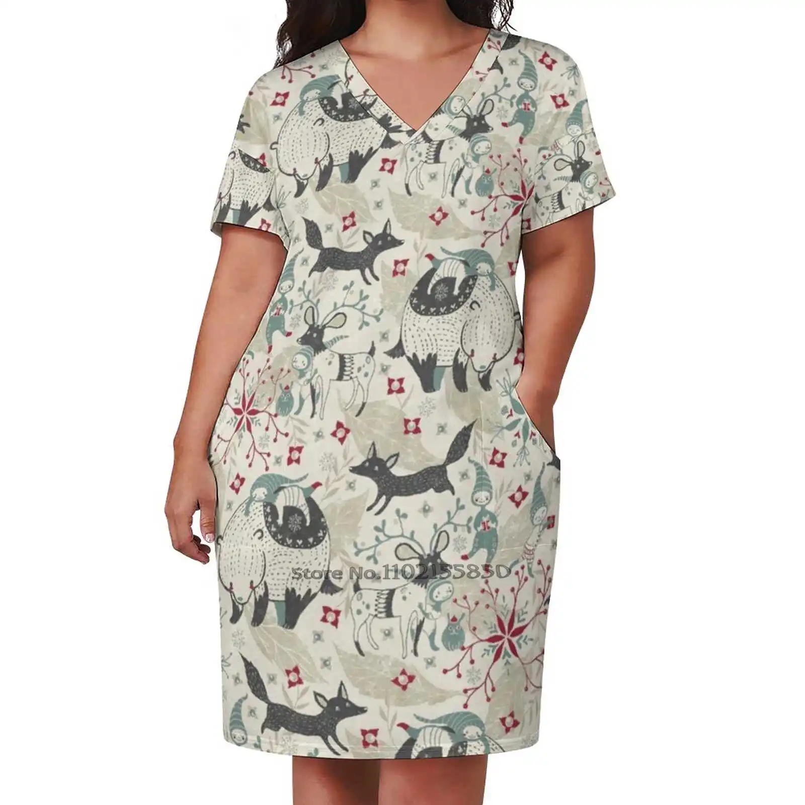 Christmas Spirits Loose Pocket Dress Summer Sexy V Neck Dress Print Short Sleeve Dress Christmas Spirits Whimsical Bear Fox