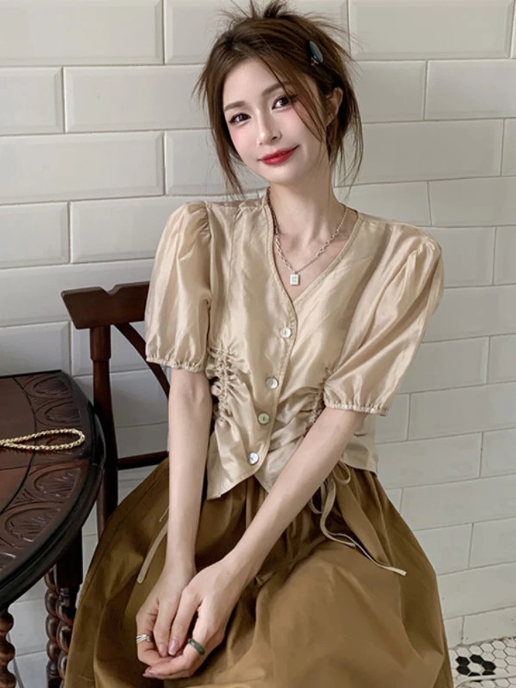 Skirts Women Shirring Vintage Shirts Daily Sweet Simple All-match Elegant Ladies Classics Korean Style Pure Summer Leisure New