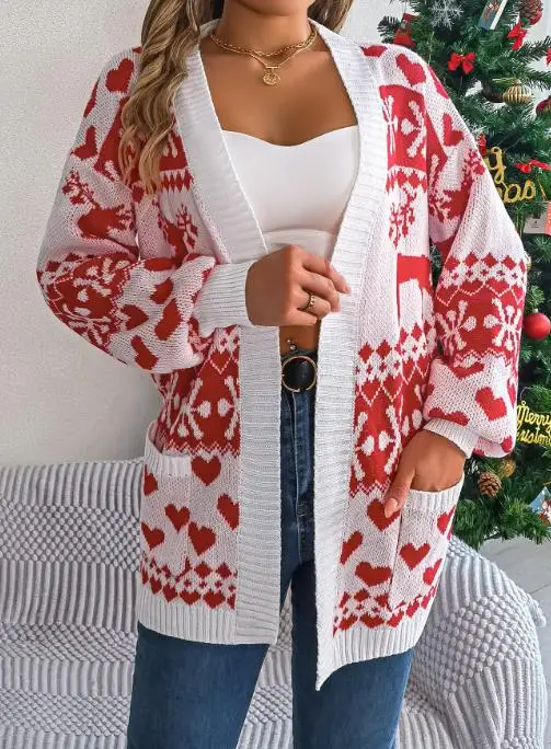 

Autumn and Winter 2025 Christmas Reindeer Jacquard Pocket Long Sleeved Cardigan Sweater Women Casual Loose Knit Cardigan Jacket