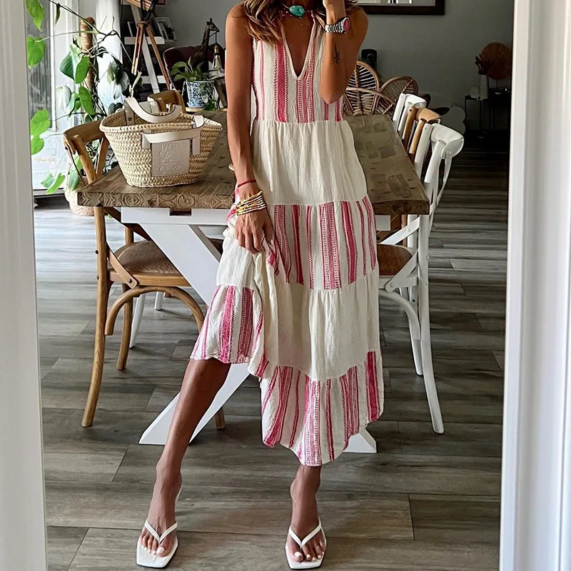 BAMBOOBOY Pink Striped Patchwork White Sleeveless Long Dresses for Women High Waist V-Neck Summer A-Line Casual Beach Sundress