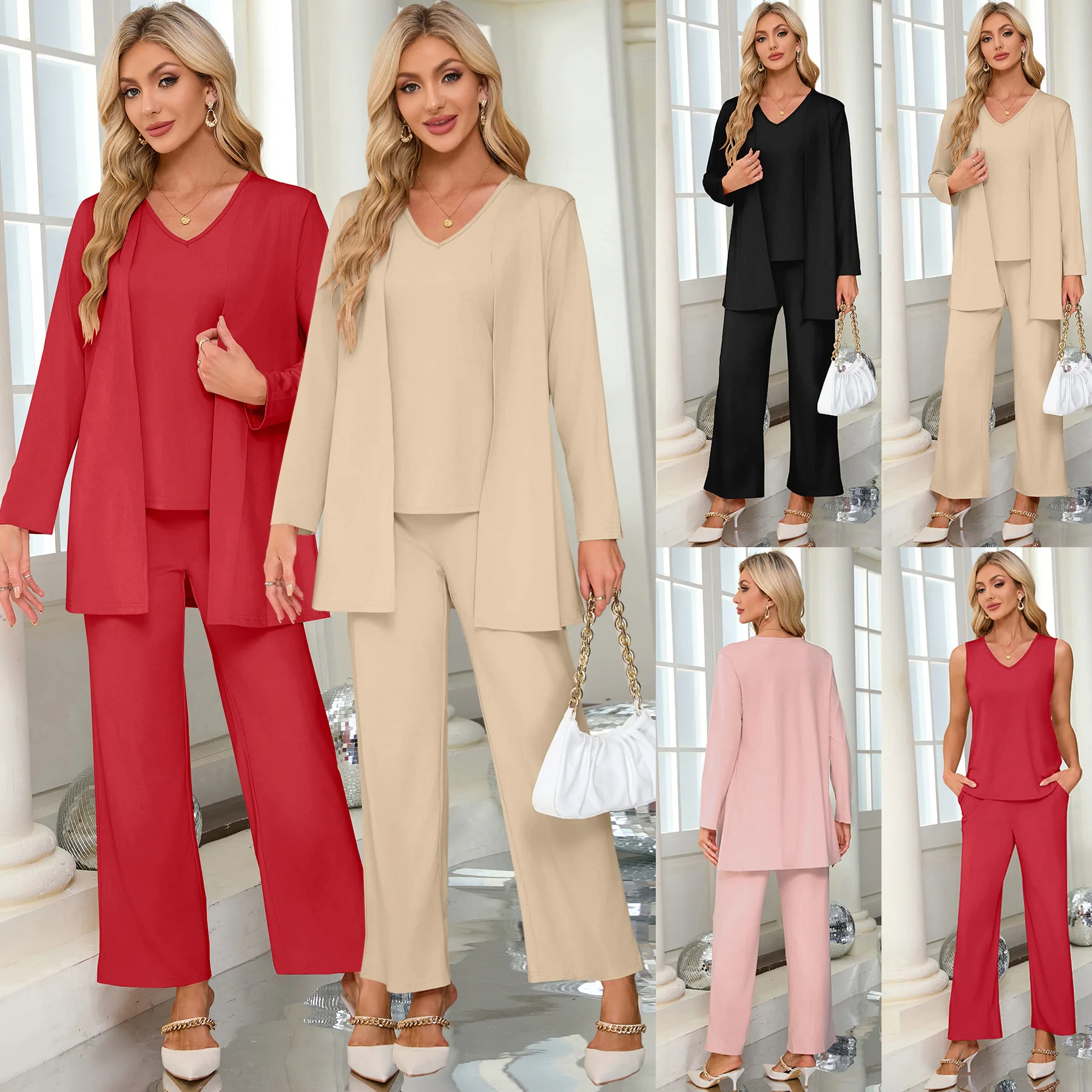 Muslim 3 Piece Set Women Cardigan V Neck Vest Top Straight Pants Ensemble Morocco Dubai Islam Casual Suit Femme Arabic Outfits