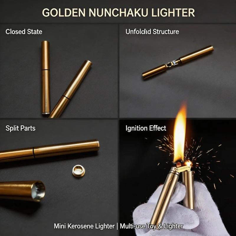 

New Mini Retro Nunchaku Cigarette Lighter, Solid Brass Build, Windproof Grinding Wheel Ignition, Fun Novelty Smoking Toy