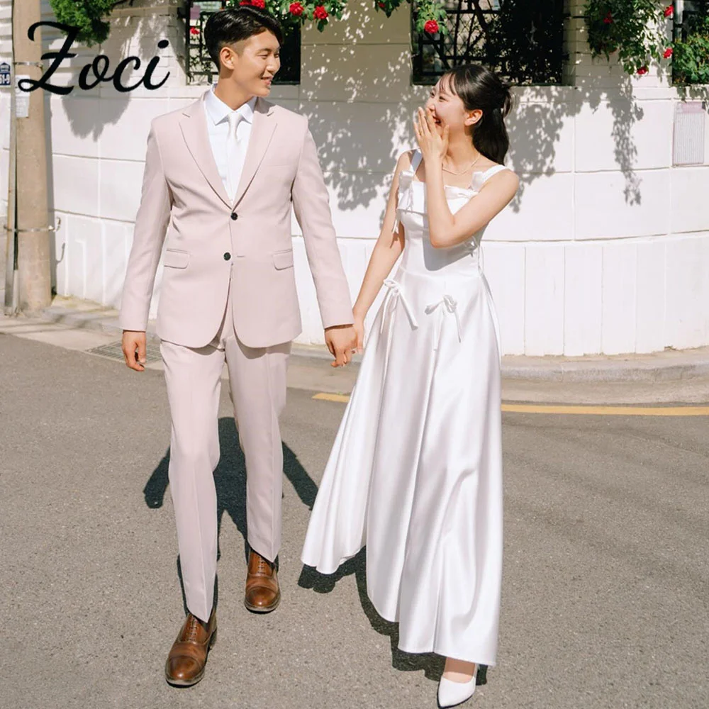 

Zoci Vintage Square Neck Soft Satin Wedding Dresses Customized Korea Photos Shoot Bride Dress Wide Straps Ribbons Bridal Gown