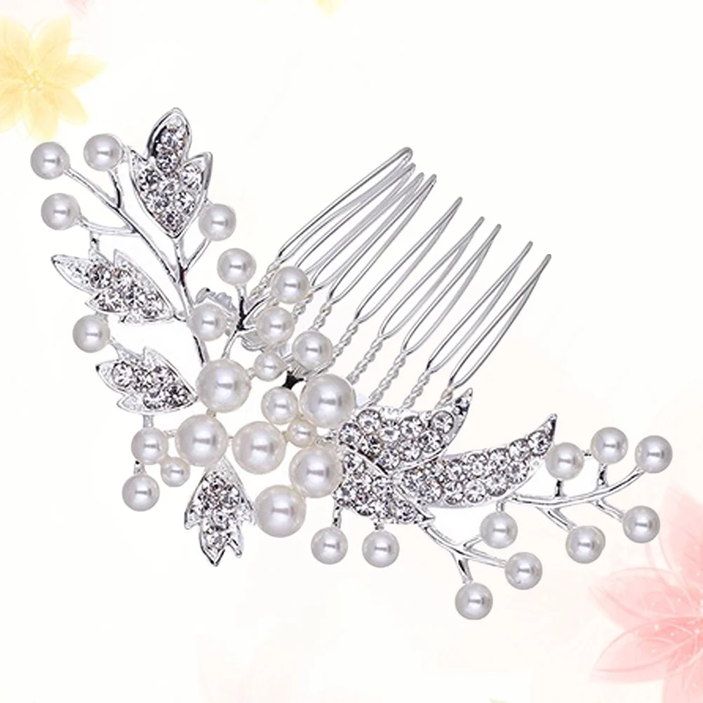 

Water Rhinestone Leaf Hair Comb Bridal Pearl Beaded Jewelry For Wedding Party Prom Decoration Silver Bride Headdress