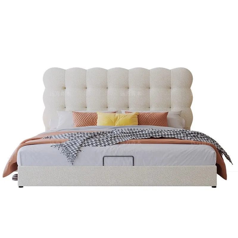 

French cream wind bubble girl princess bed teddy velvet bed modern simple Italian master bedroom fabric puff