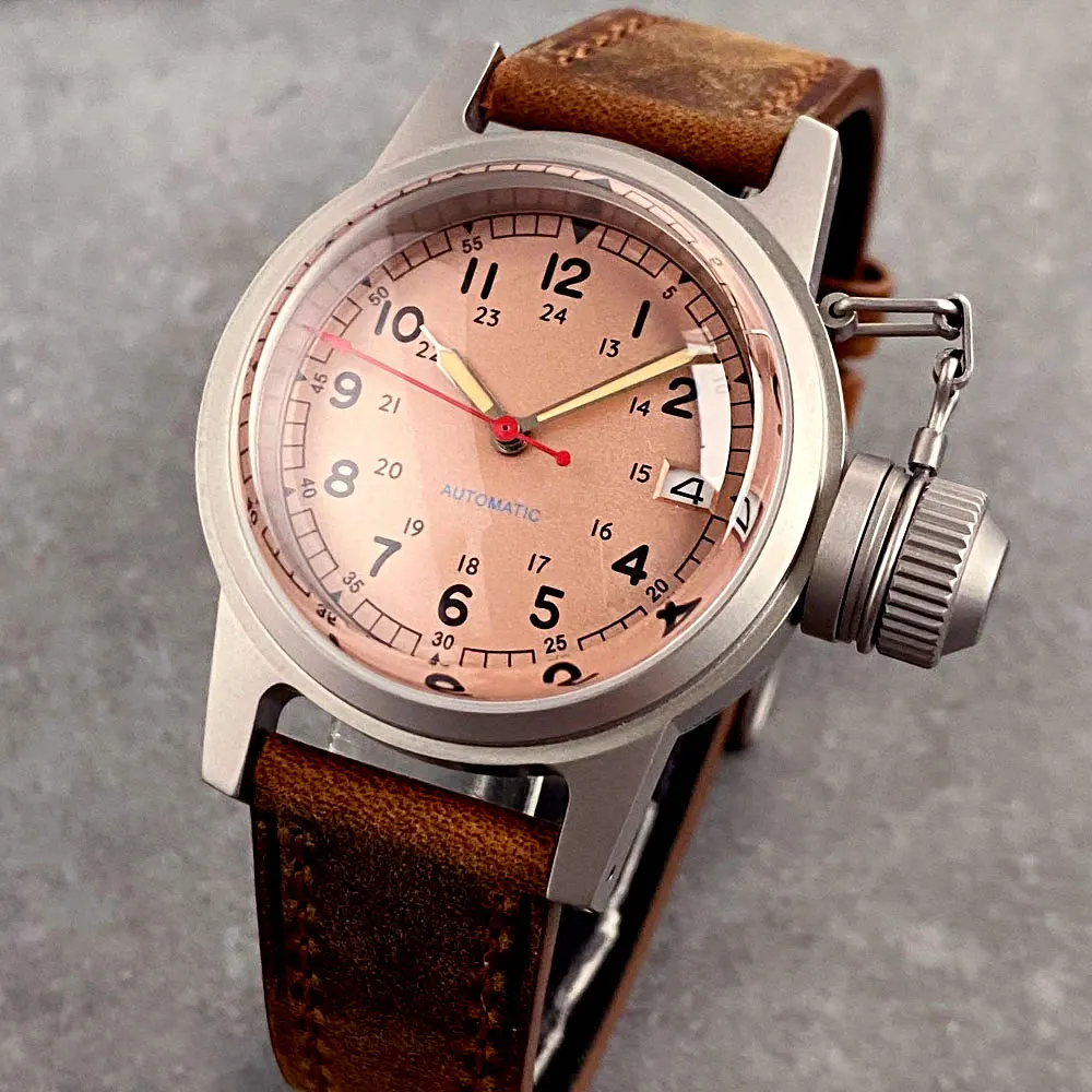 Reloj rosa de 36mm con corona grande luminoso NH35 automático para hombre y mujer, reloj de pulsera resistente al agua de 200m, correa de cuero con cristal de zafiro abovedado