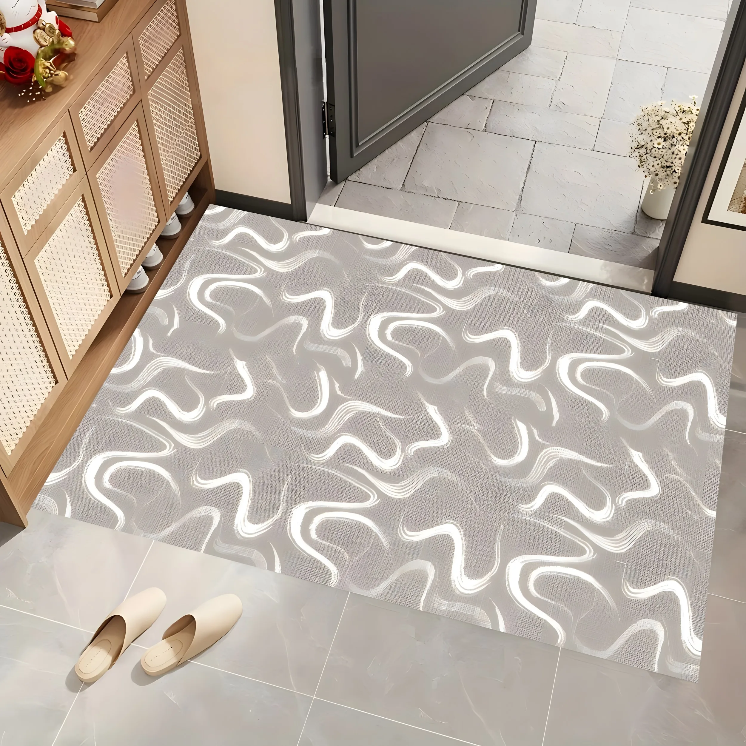 2D Large Carpet Milky White Flowing Curve Design Creamy Coffee Background Minimalist Luxurious Living Room Rug