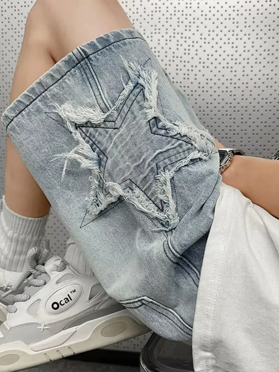 Women Knee Length Blue Denim Shorts 90s Aesthetic Vintage Star Jeans Shorts Y2k Harajuku Korean Cowboy Short Pants