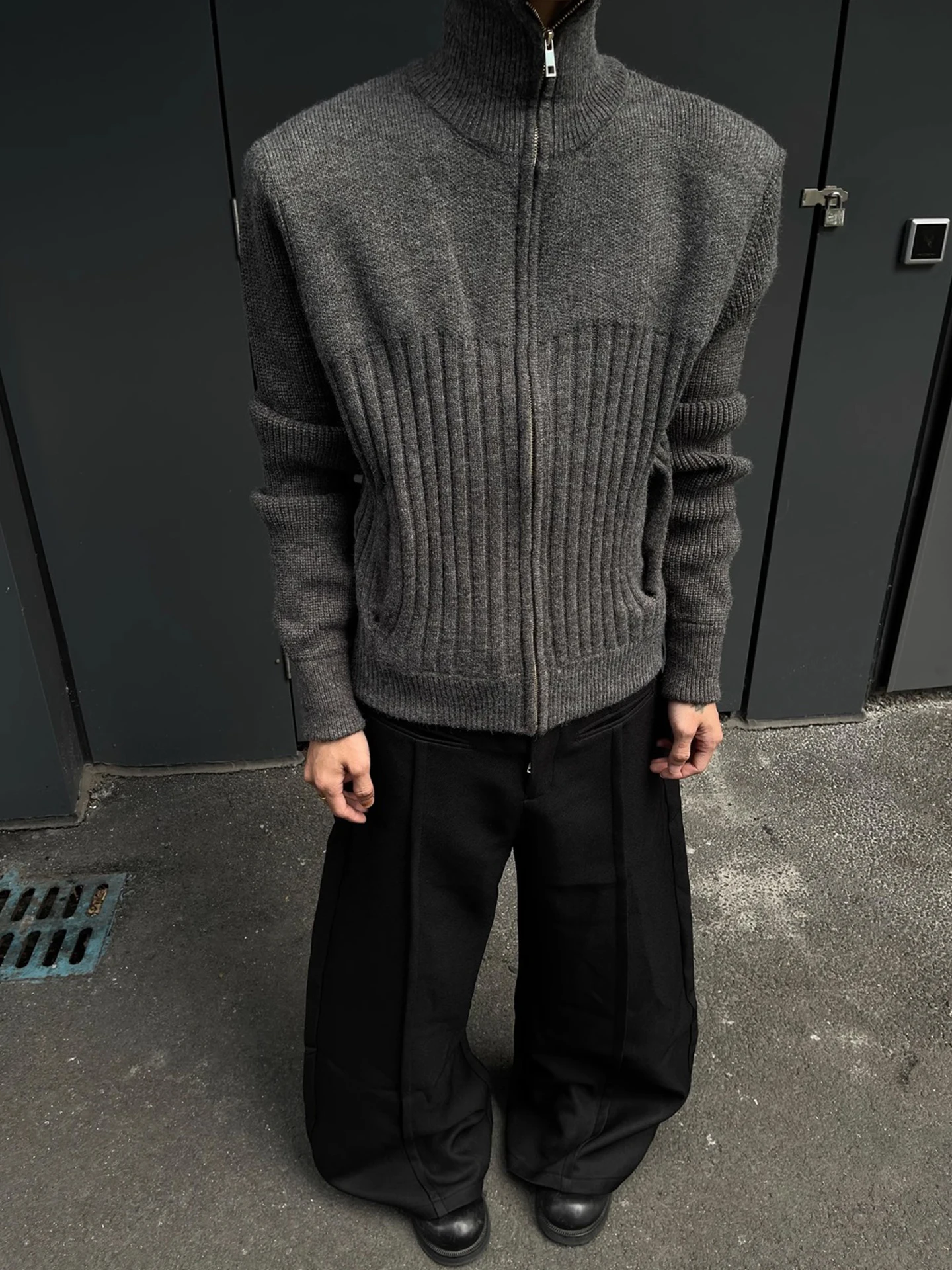 

American Sle Vintage High Collar Zipper Cardigan Sweater Men's Loose Cleanfit Knitted Outerwear Autumn Winter Long Sve