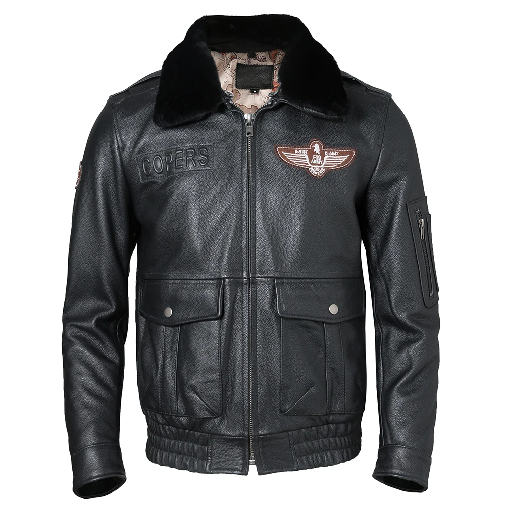 

Men Leather Jacket Quilted 100% Natural Cowhide & Fur Collar Military Biker Clothing Flight Coat Winter Warm Asian Size M606