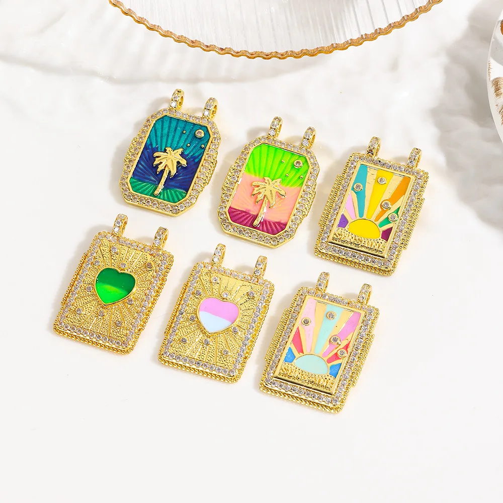 

European and American retro copper rainbow love coconut tree dripping oil square brand pendant necklace DIY jewelry accessories