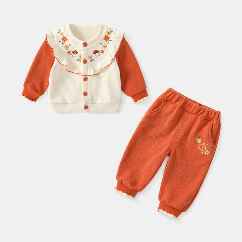 

Kawaii Baby Girl Clothes Mushroom Sets Autumn Infant Ruffled Collar Long Sleeve Top Pants Two-Piece Newborn Cotton Outfit