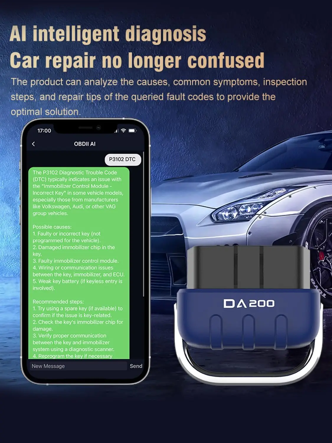 Bluetooth-сканер OBD2, считыватель кодов AI для проверки освещения двигателя, тестирования батареи и живых данных, работает с iOS/Android