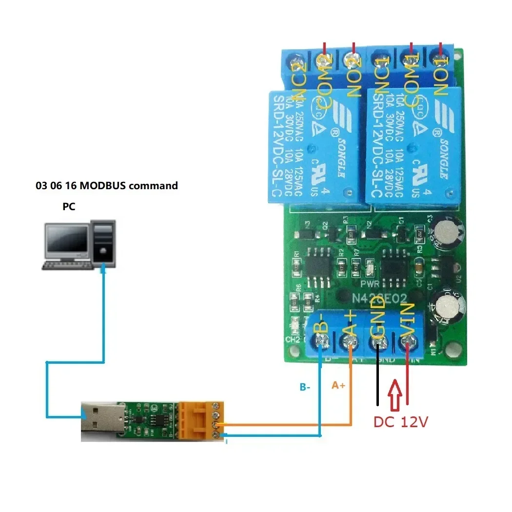 

N428E02 NEW! 2CH 12V DC RS485 Modbus RTU Relay PC UART Serial Port Switch Board For PLC Camera Industrial Control System LED PTZ