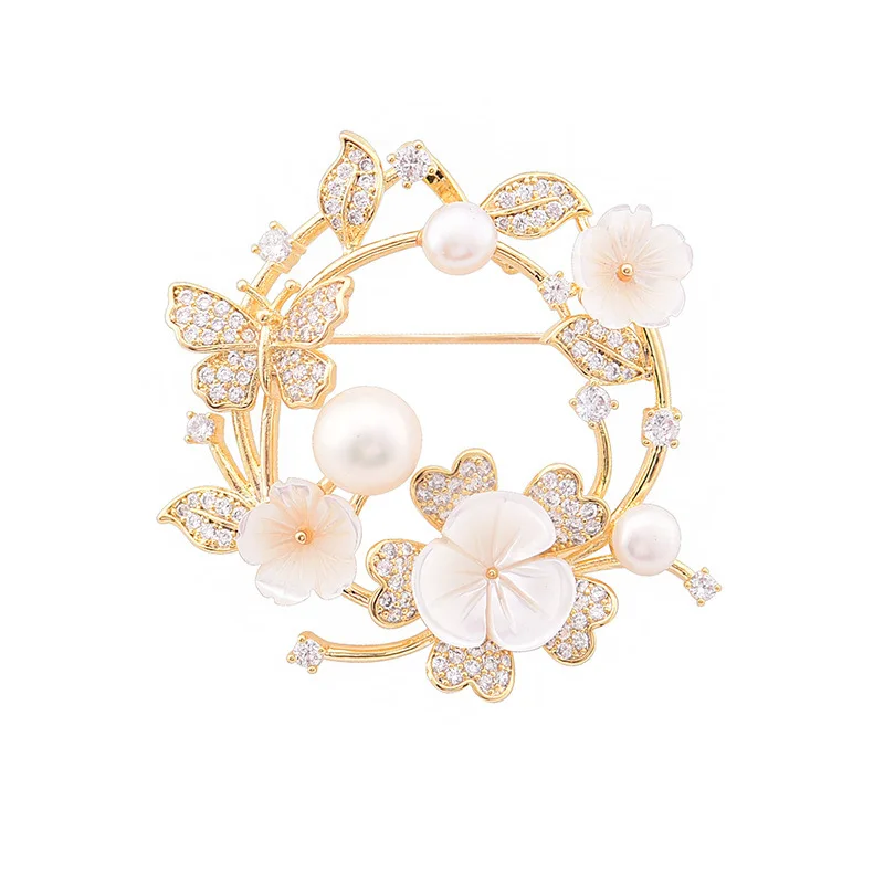 Women's Freshwater Pearl shell wreath Butterfly Brooch Pin