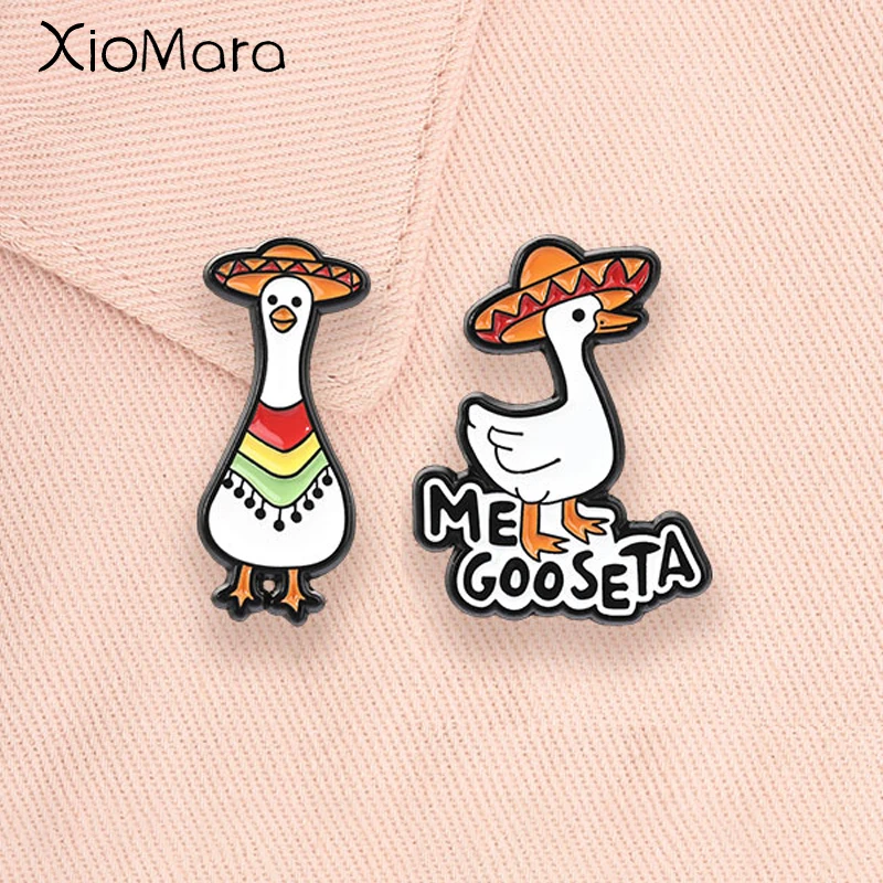 Cute Mexican Goose Enamel Pins Silly Goose with Sombrero Poncho Funny Pun Me Goose-ta Brooches Lapel Badge Jewelry Gifts
