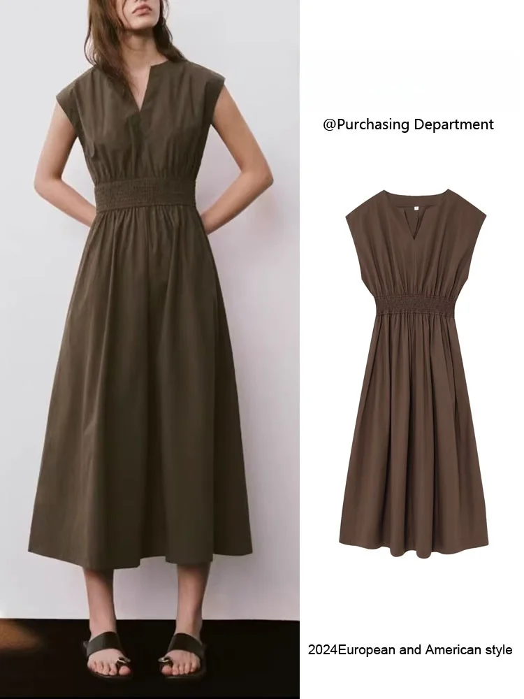 Letnia kolekcja 2025: Nowa moda damska, wyszczuplająca spódnica midi z wysokim stanem, prostym dekoltem w serek, elegancka, do pracy, w jednolitym kolorze.