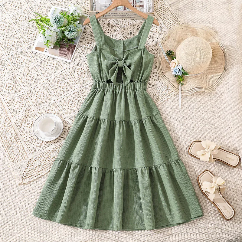 Children's clothing spring and summer new fashion casual suspender, backless bow, waist cinching, slim fit, big swing dress