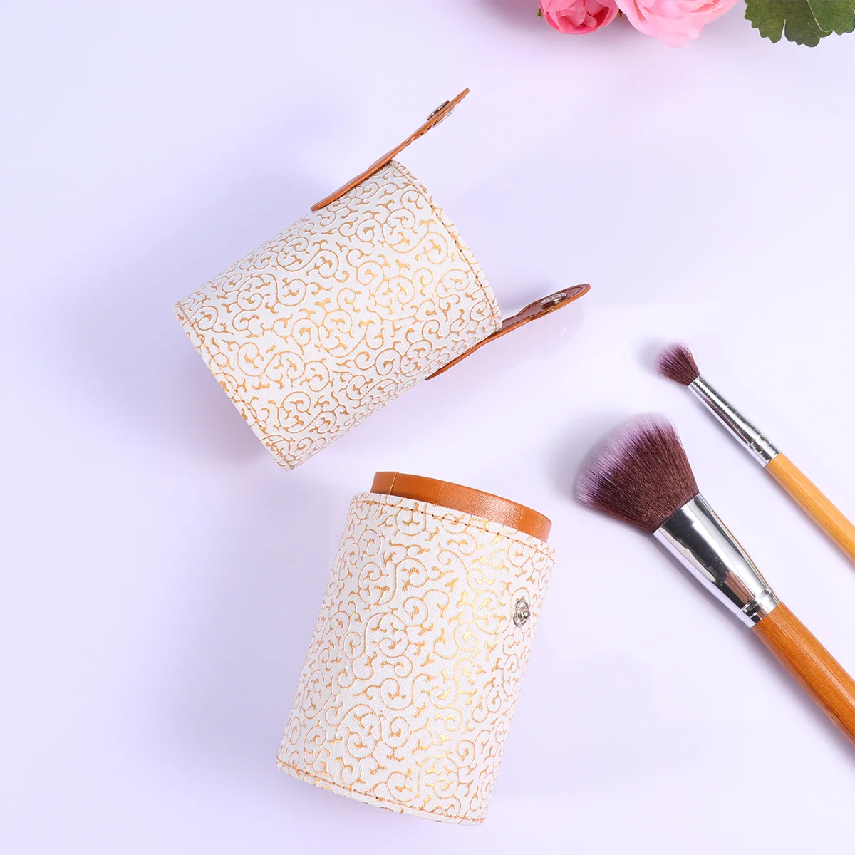 

Makeup Brush Holder PU Travel Storage Bucket Large Capacity Organizer Makeup Brush Storage Case White Gold