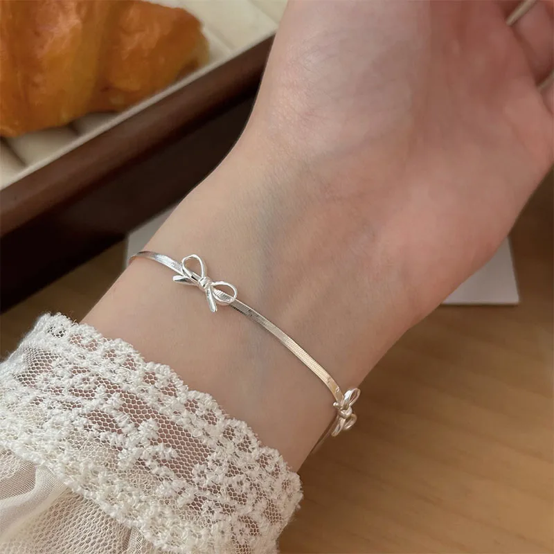 925 Sterling Silver Bow Bracelet With Sparkling Temperament Snake Bone Chain Bracelet Suitable For Wedding Jewelry Gifts