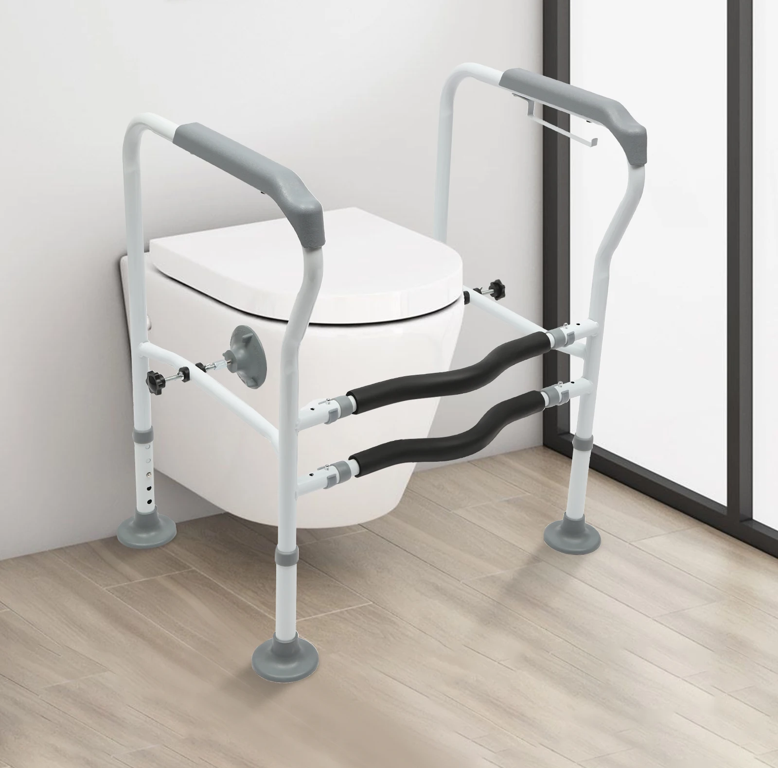 

Adjustable Toilet Safety Rails for Elderly & Disabled, Non-Slip Threaded Feet, Bathroom Support Frame, 330lbs Weight Capacity