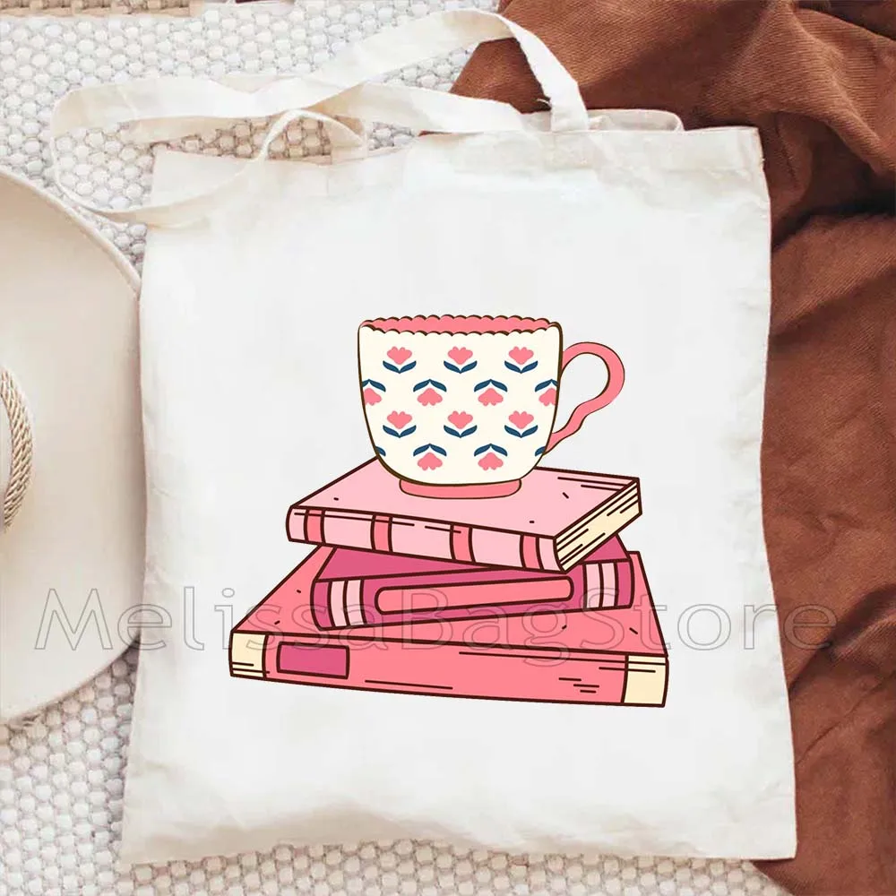Women Canvas Library Reading Books Canvas Tote Bag Books and Tea Cup Shopping Students Cat Book Cotton Travel BOOKSHOP Handbag view 2