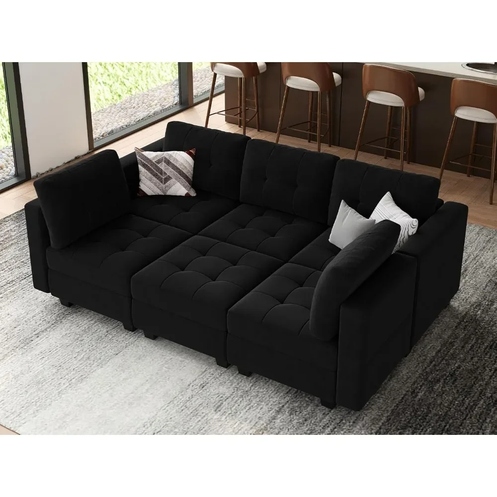 Modular Sectional Sofa, with Storage Velvet Fabric Sleeper Couch with Chaise and Ottomans, 6 Seat Sofa Bed Set