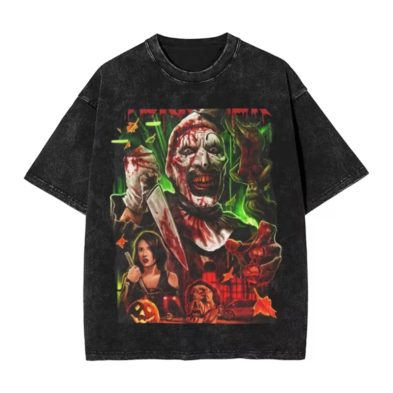 

Футболка оверсайз с эффектом потертости 2025: Футболка Terrifier с принтом Art The Clown, хипстерская футболка для мужчин, пляжная, в стиле Y2K, повседневная, забавная одежда