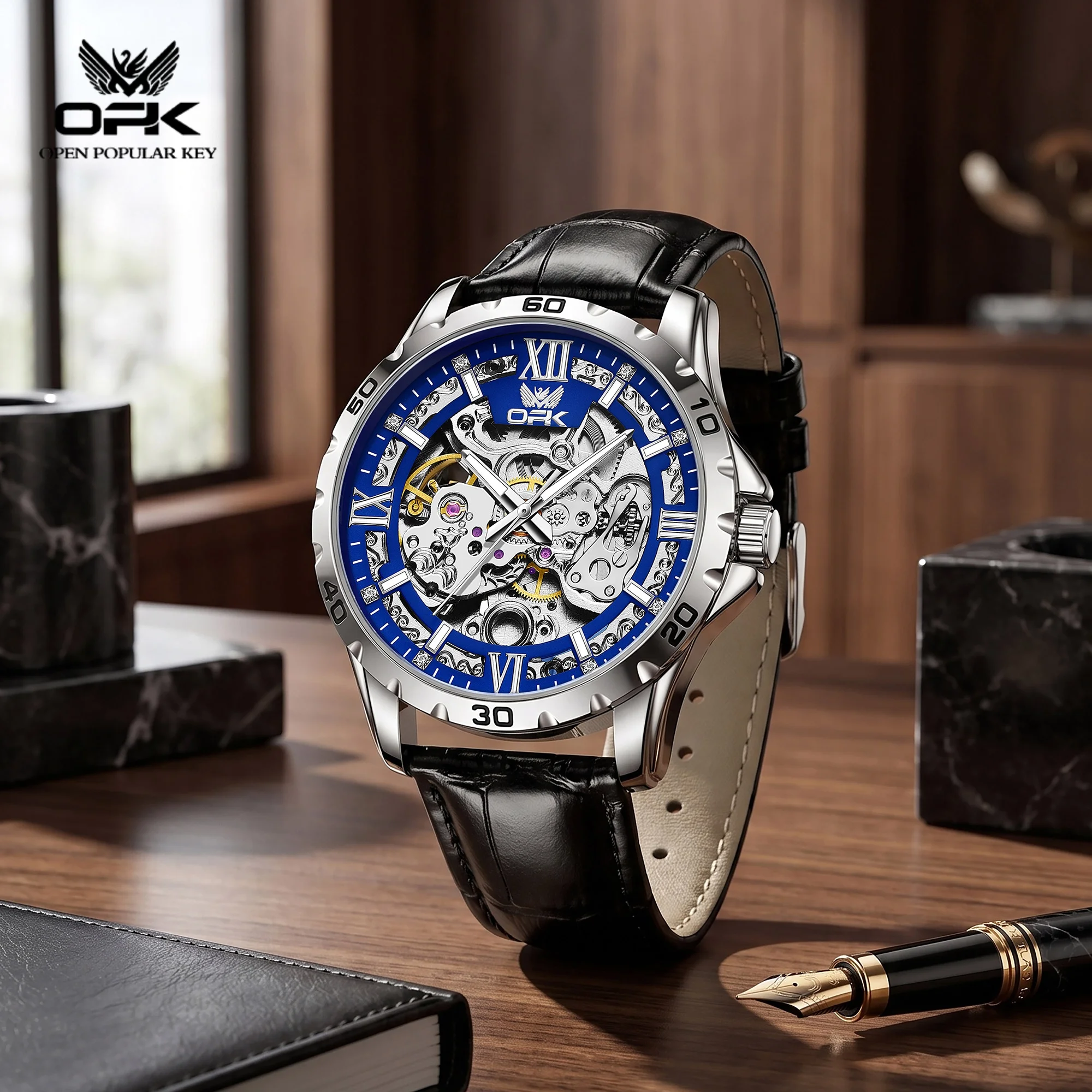 

OPK 6100 Hollow Core Mechanical Movement Watch For Men Steel Strap HD Luminous Function 30M Waterproof Night Light Watch