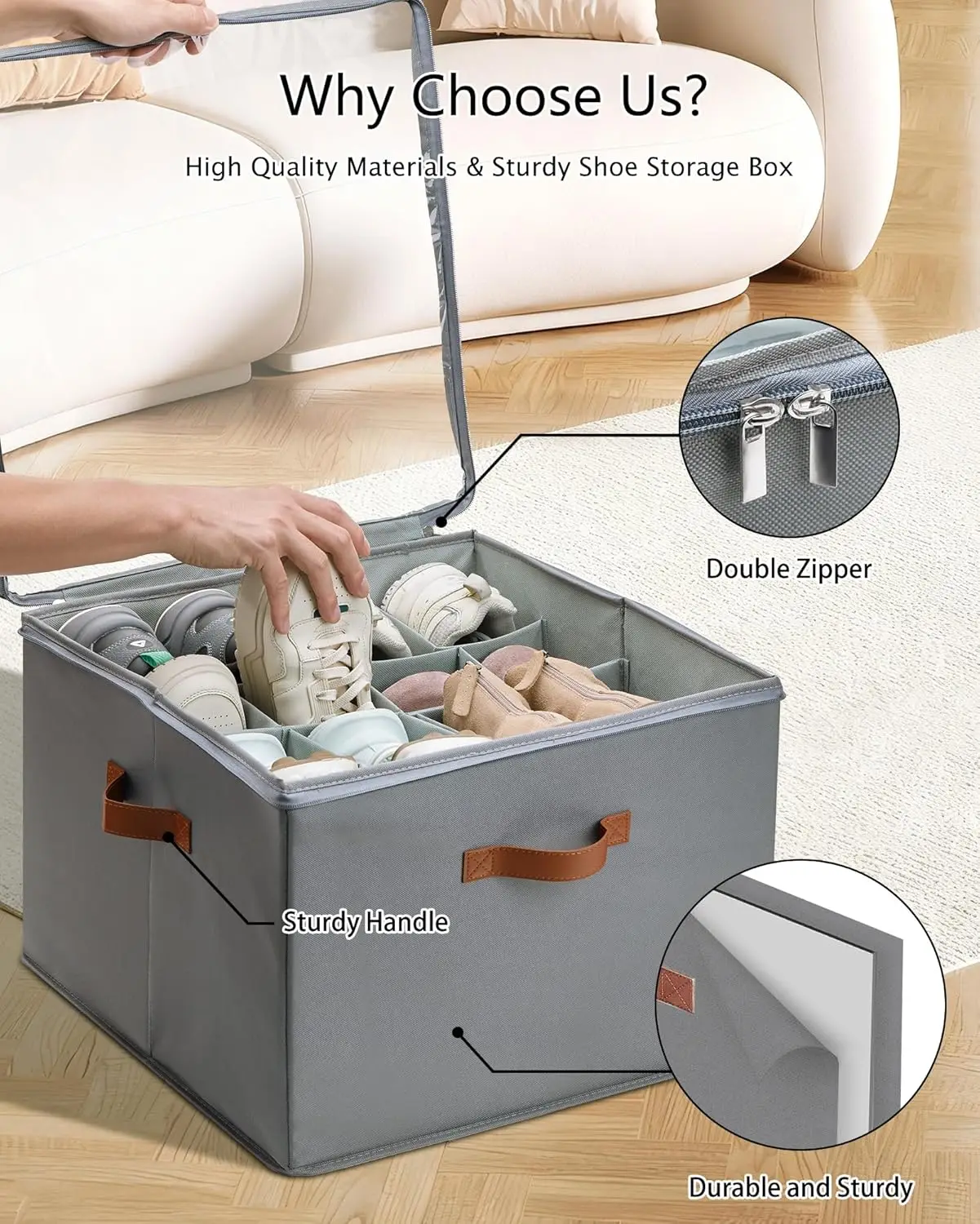 Органайзер для обуви для шкафа, ящик для хранения обуви с прозрачной крышкой и усиленными ручками, регулируемые разделители, подходит для корзины для обуви на 8–16 пар