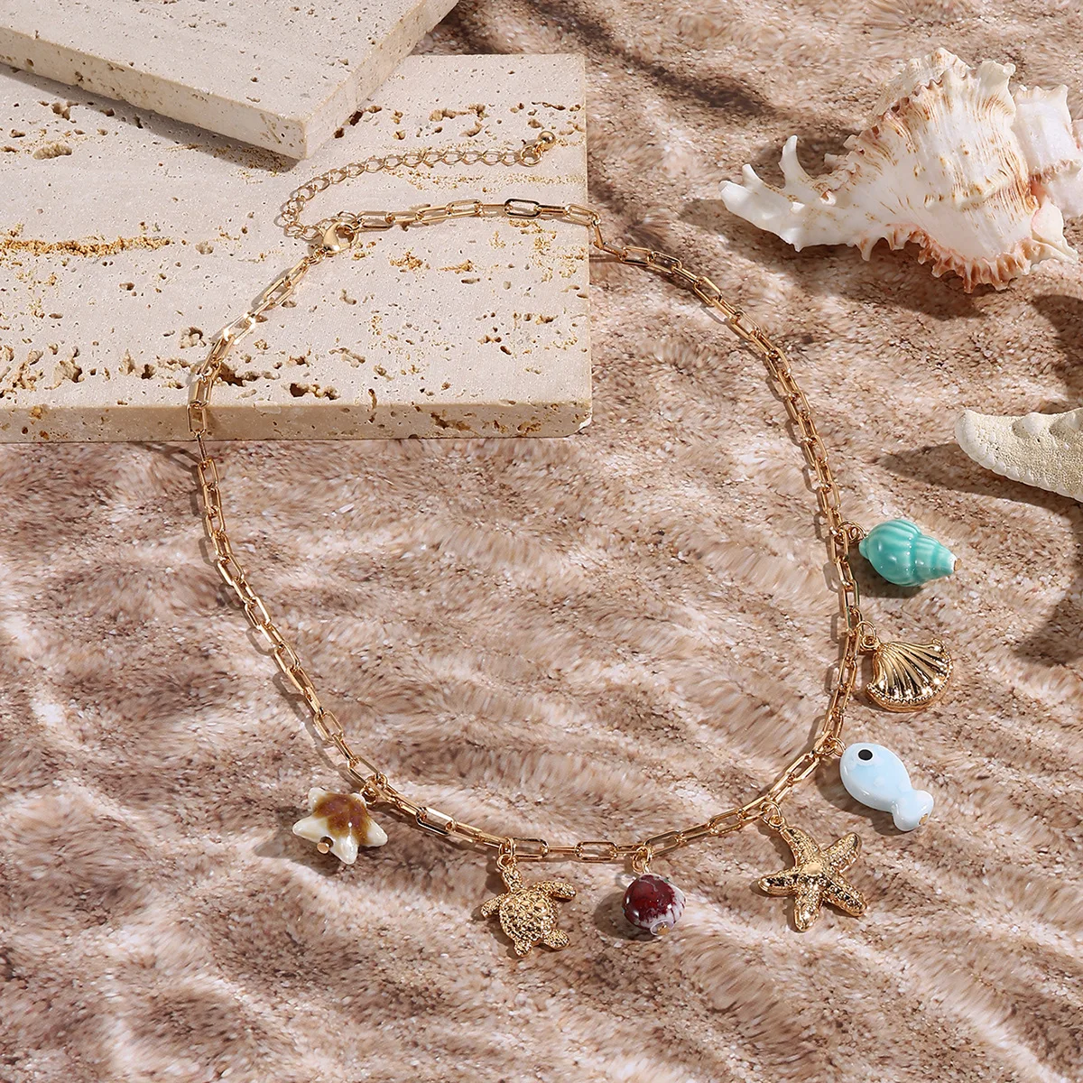 Kenjie Summer Joy Color Ocean Wind Multi Pendant Necklace Ceramic Holiday Ocean Shell Turtle Necklace