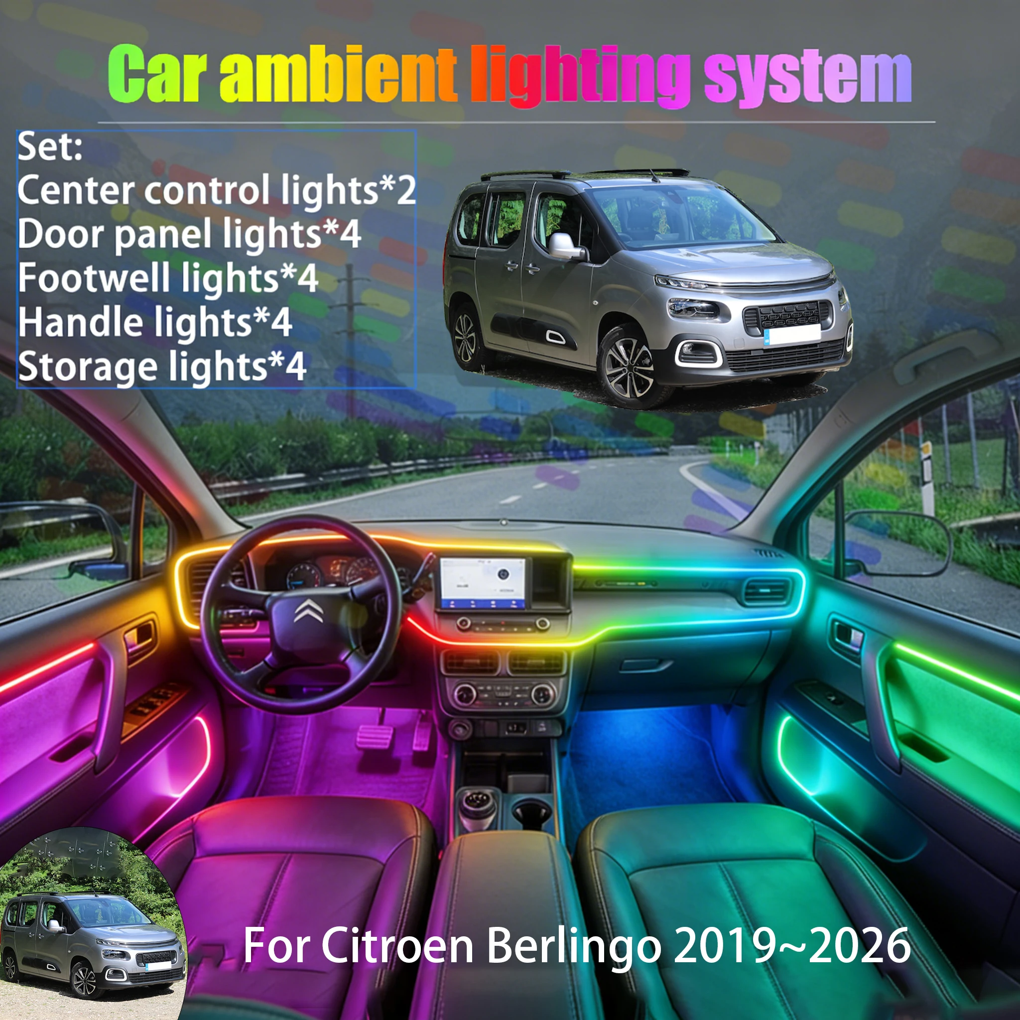 

Для Citroën Berlingo 2019~2026 K9 MK3 2/18 в 1: Комплект светодиодной подсветки салона и багажника USB RGB с эффектом потока