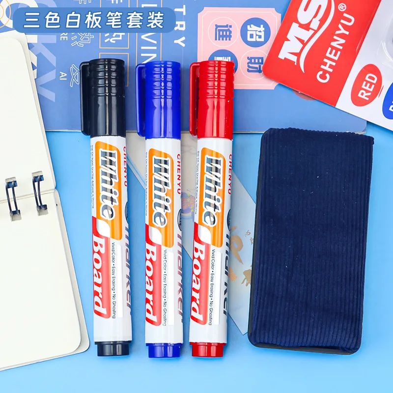 1 Set Whiteboard Pens Set with Eraser Three-color Pens Boxed Erasable Stationery Conference Room Teaching Special Blackboard