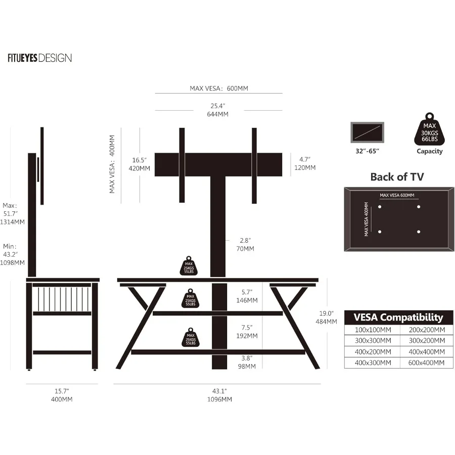 Drewniany stojak pod telewizor z mocowaniem do telewizorów 32-65 cali, centrum rozrywki z regulacją wysokości i zintegrowanym systemem zarządzania kablami S