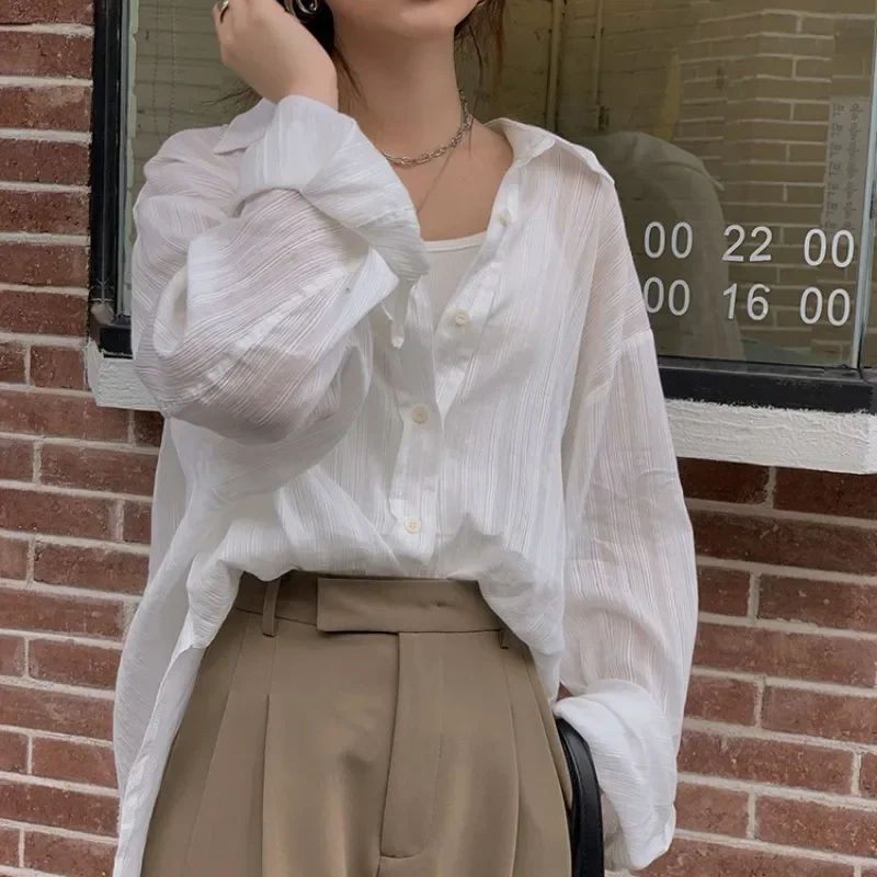 White Sunscreen Shirt Cool Texture Long Sleeve Cardigan Top Summer New Versatile Loose Casual Blouse Shirt Lazy Style Solid Colo