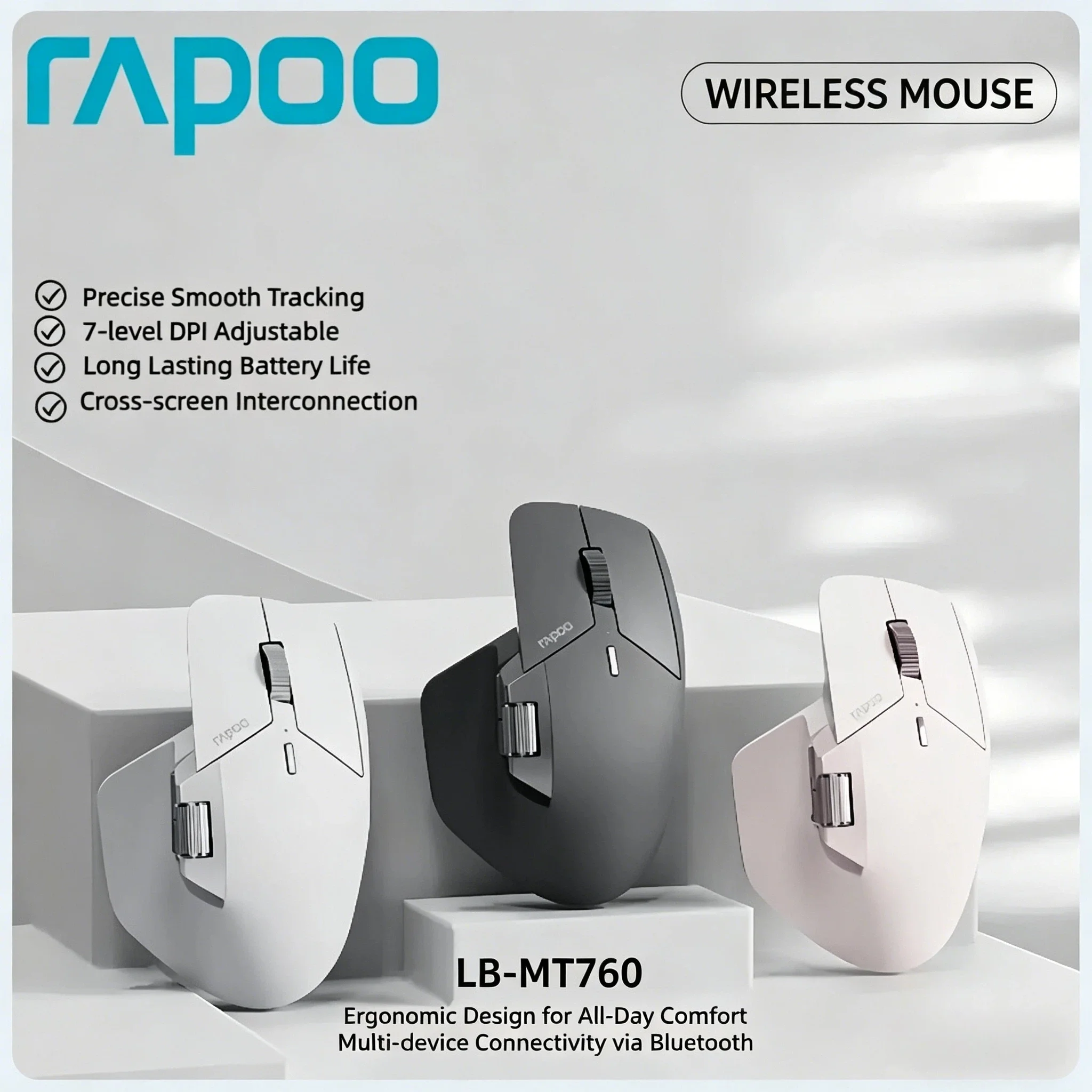 Rapoo MT760 MT760Mini Rechargeable Multi-mode Bluetooth Wireless Mouse Ergonomic 4000 DPI Support Up to 4 Devices Laptop PC