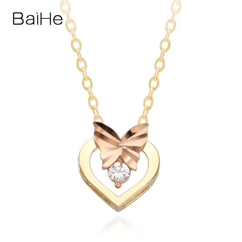 BAIHE Solid 14K Yellow+Rose Gold Natural Diamond Peach Necklace Women Birthday Gift Fine Jewelry Making Perzik Ketting Colier