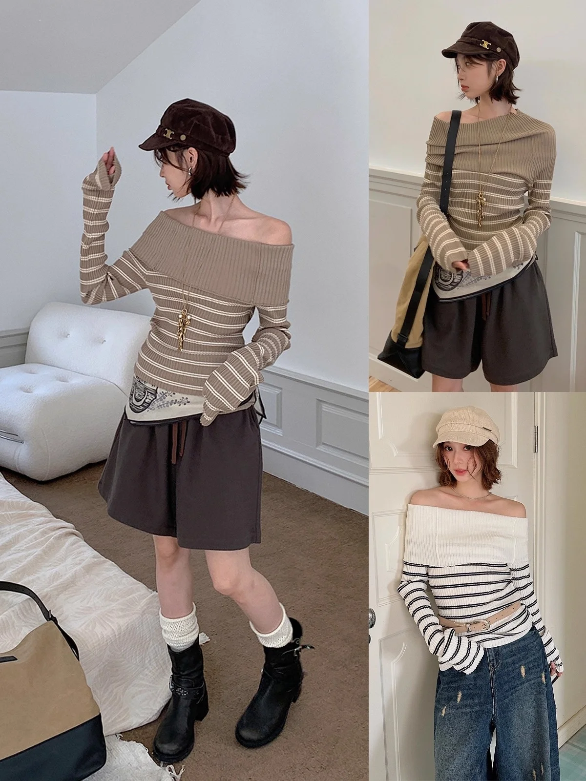 

Женский вязаный свитер REREK Slim Fit с отложным воротником на одно плечо, в полоску, ручной работы, повседневный, с длинным рукавом