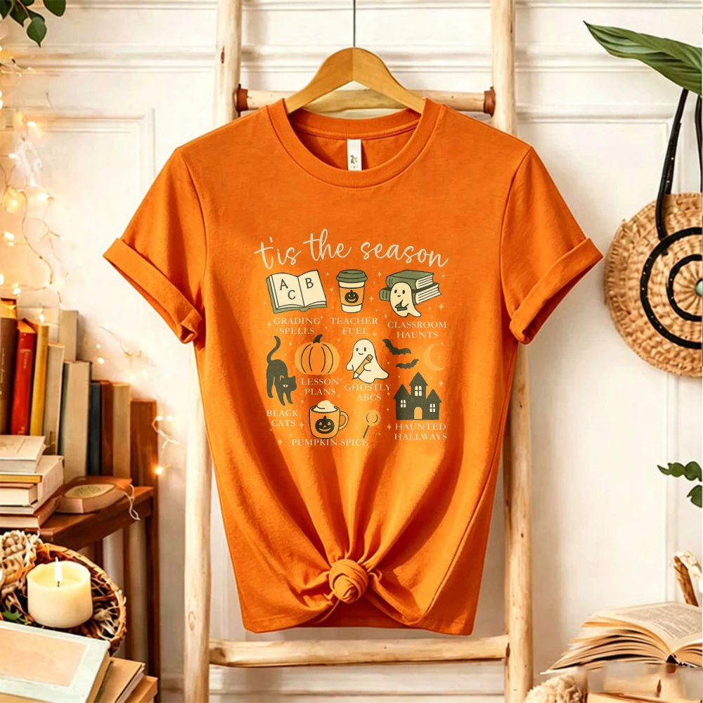 Tis The Season Teacher Halloween T‑Shirt Pumpkin Spice Ghost Book Black Cat Haunted House Fall Teacher Life Holiday Casual Tops