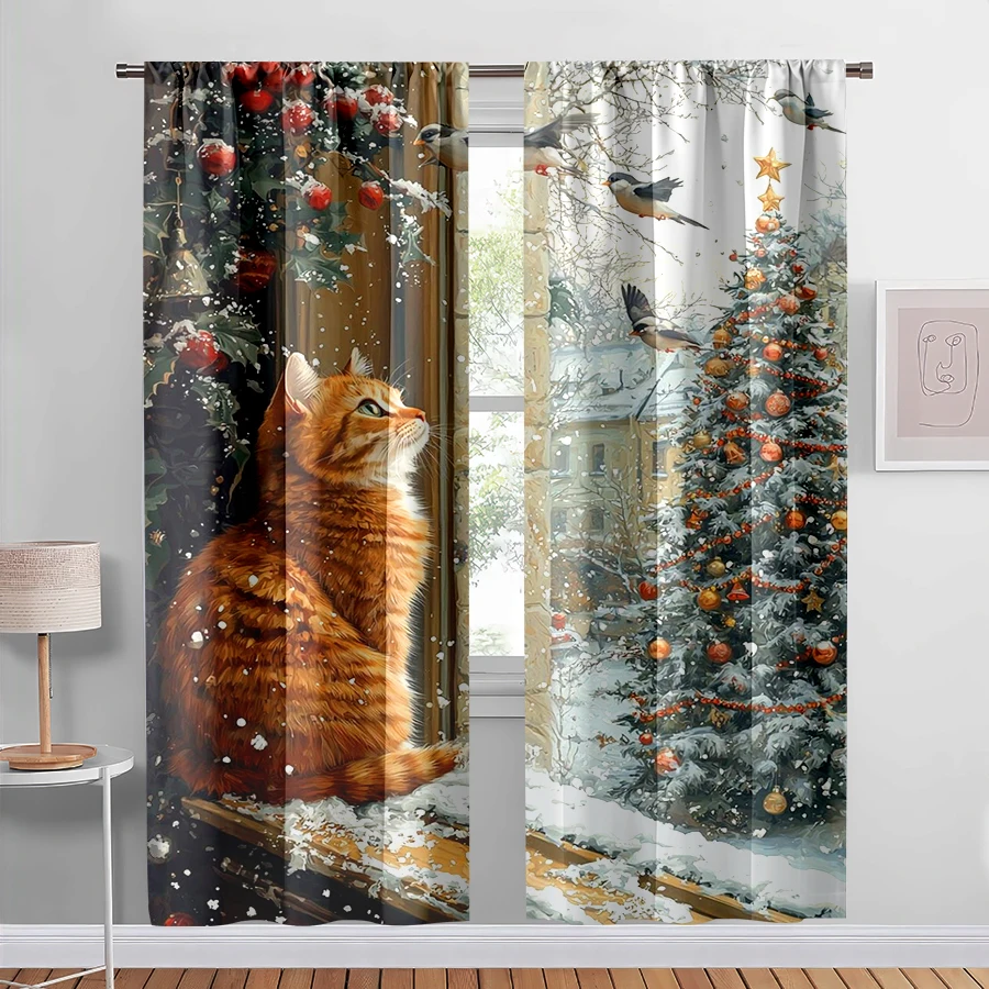 2PCS Digital Print Curtain, Orange Cat Watching Snow by Window with Christmas Tree and Birds, Holly Berries, for Bedroom Decor