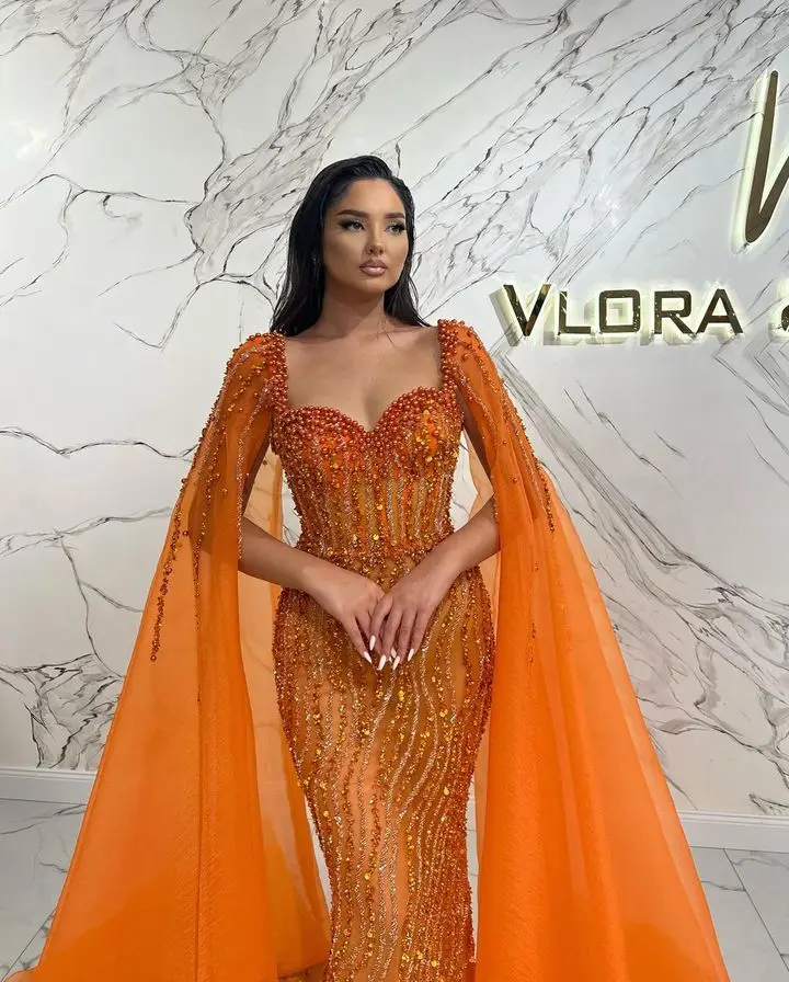 Oranje Kralen Mermaid Prom Jurk Met Cape Shawl 2023 فساتين مناسبة رسمية Arabische Dubai Luxe Avond Jurken Custom Made