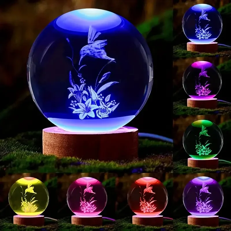 1 pc 3D bird crystal ball, base in legno colorato, piccola luce notturna, alimentazione USB, decorazioni per la casa, regali per moglie, genitori,