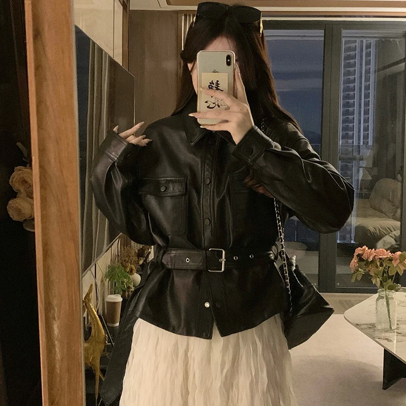 

Casual collar leather jacket women's 2025 autumn and winter new collection waist belt PU leather jacket versatile high-end jacke